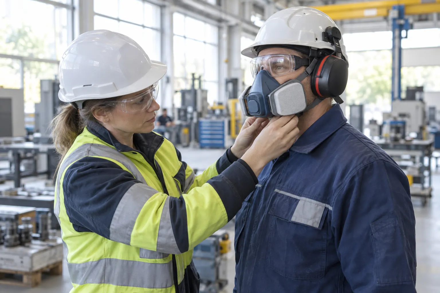 Une préventrice vérifie l’ajustement simultané du masque respiratoire, des lunettes, du casque et de la protection auditive d’un opérateur
