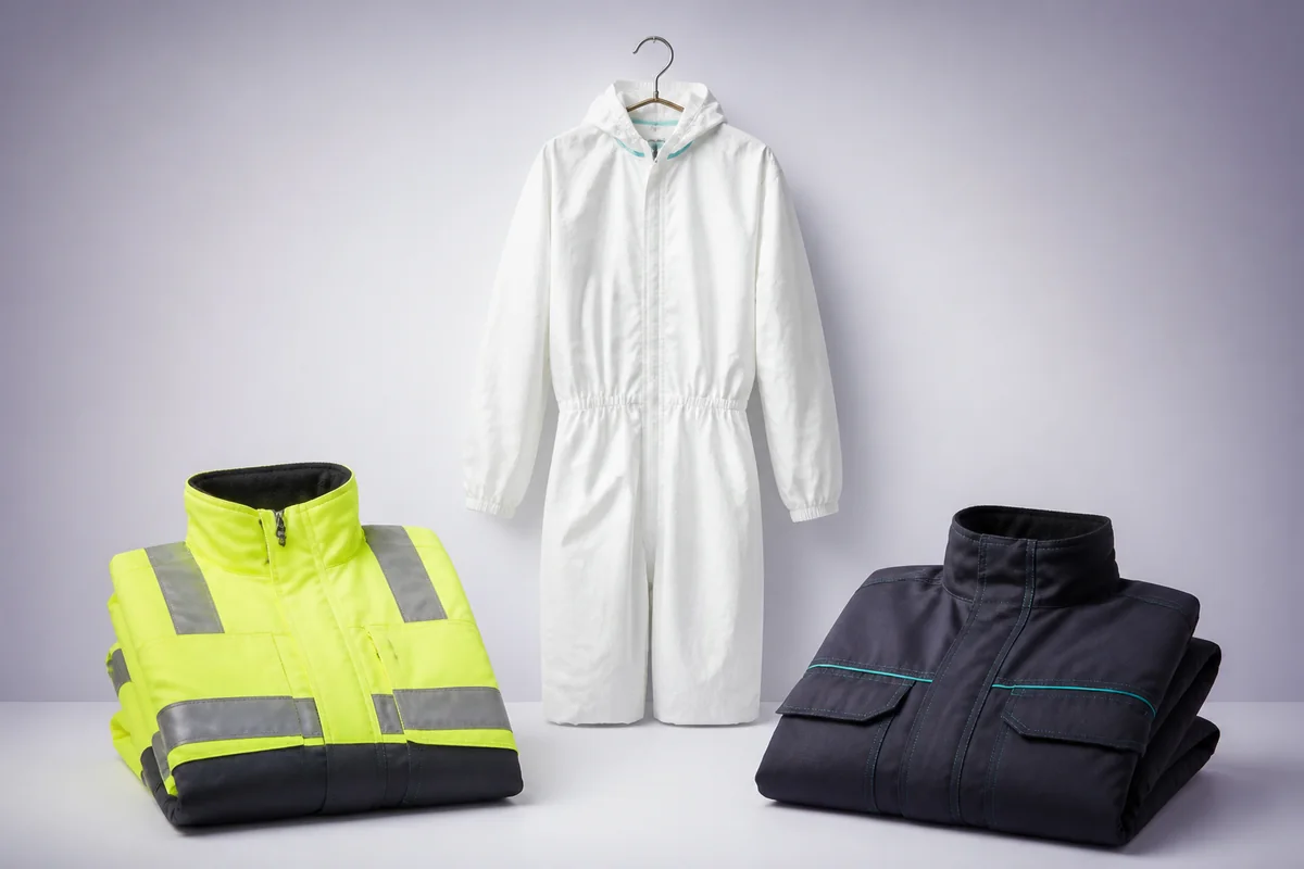 Vêtements de protection, combinaison et veste haute visibilité disposés sur un fond clair.