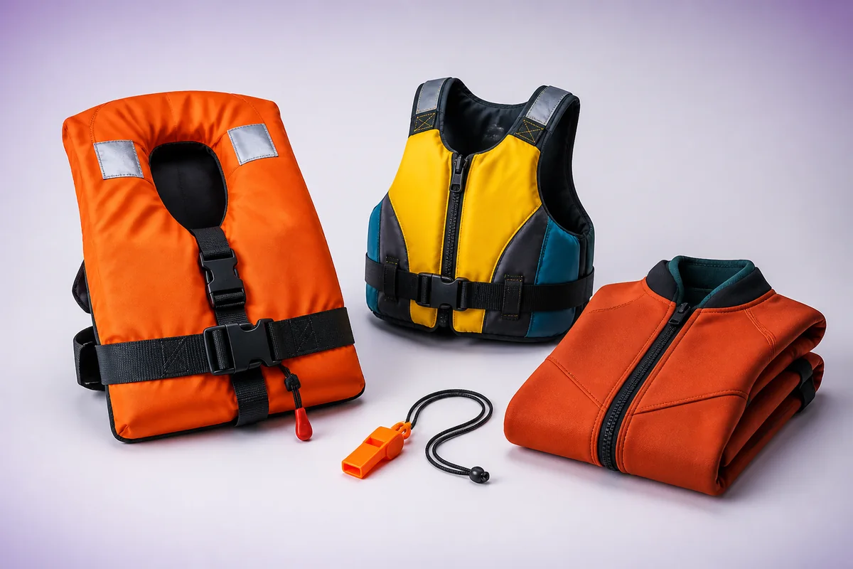 Gilets de sauvetage et accessoires de flottabilité disposés sur un fond clair.