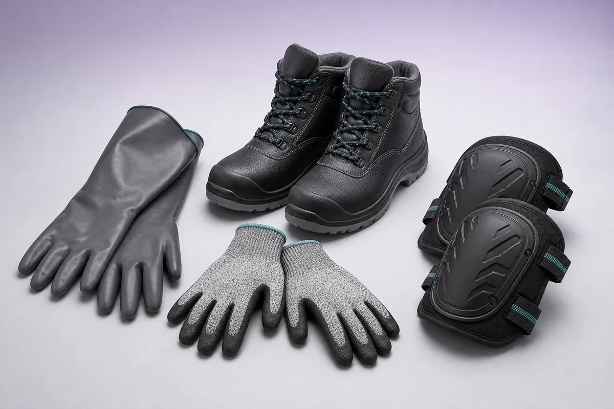 Gants techniques et chaussures de sécurité disposés sur un fond clair.