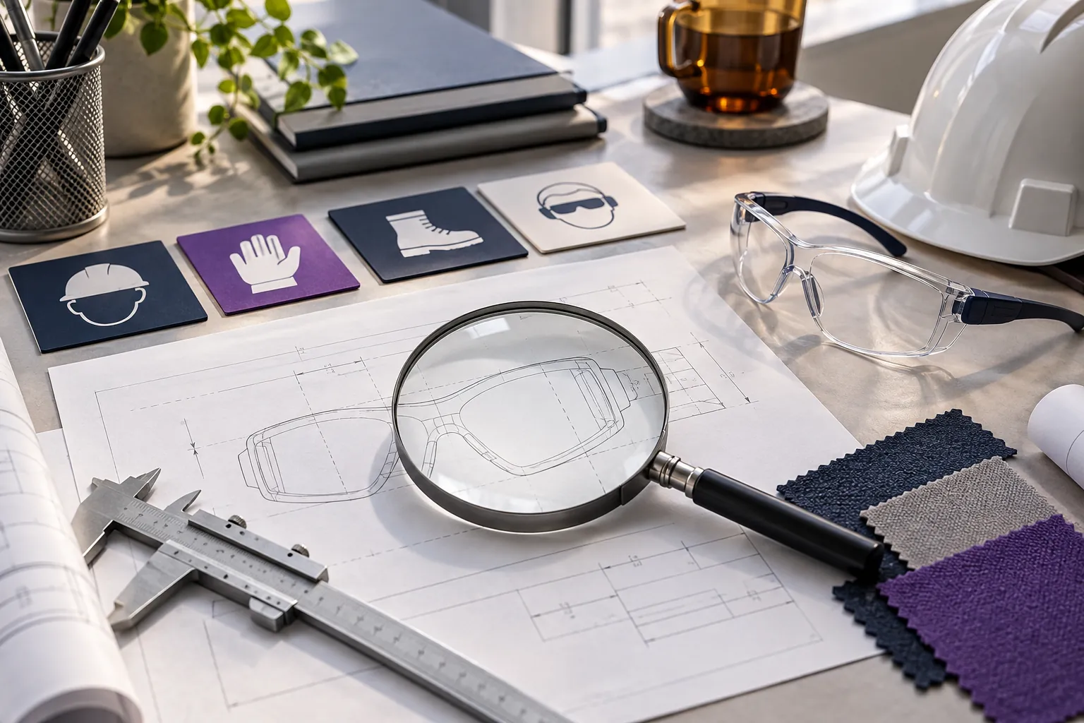Documents, loupe, marquages et équipements de protection organisés sur une table