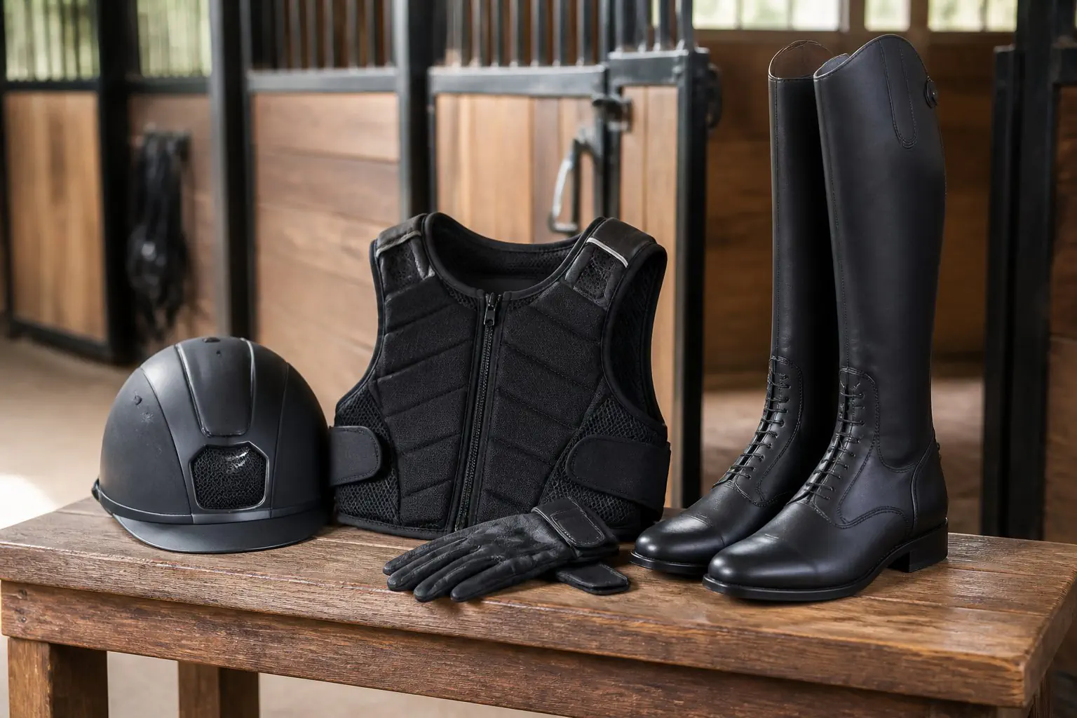 Bombe, gilet de protection, gants et bottes pour la pratique de l’équitation.