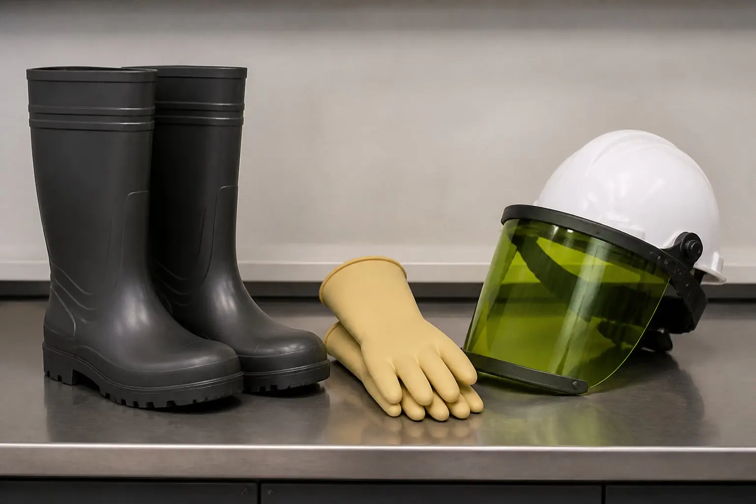 Chaussures et gants isolants avec casque et écran facial pour les travaux électriques.