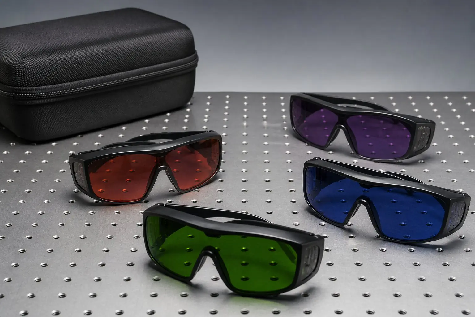 Lunettes de protection laser à verres filtrants disposées sur un plan de travail optique.