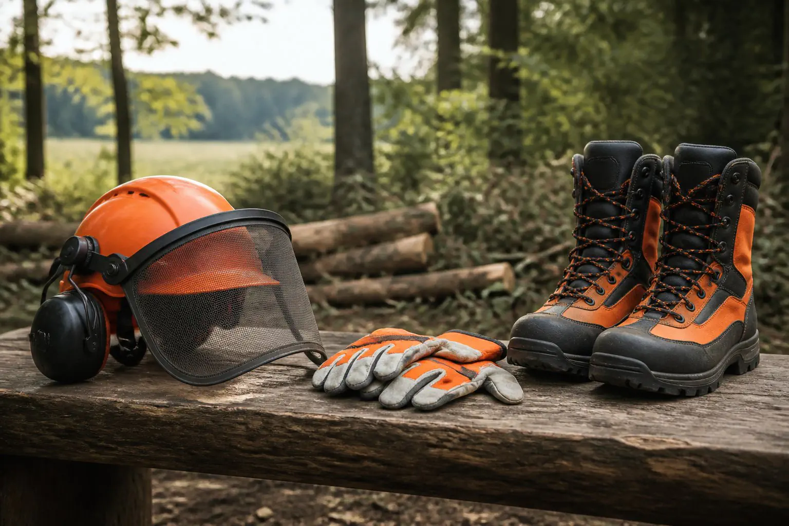 Casque forestier à visière, protection auditive, gants et chaussures pour tronçonneuse.