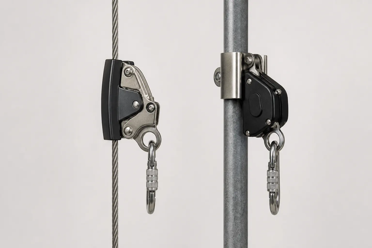 Antichutes mobiles installés sur supports d’assurage souple et rigide.