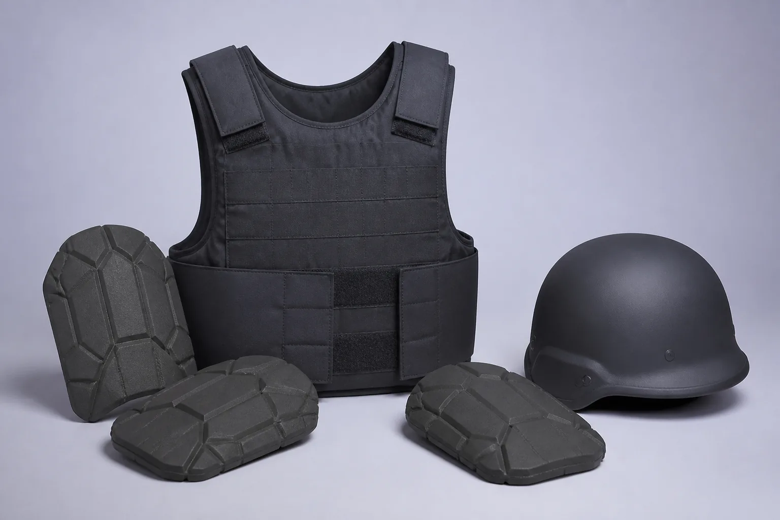 Gilet de protection anti-impact et casque de protection.