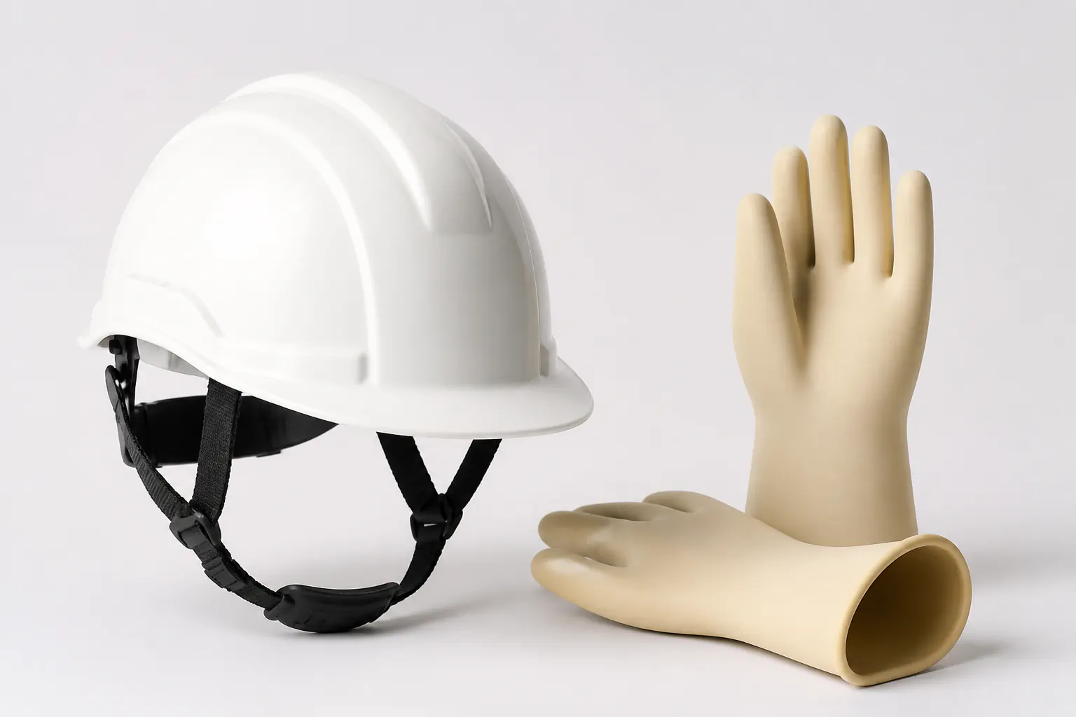 Casque électriquement isolant présenté avec des gants isolants.