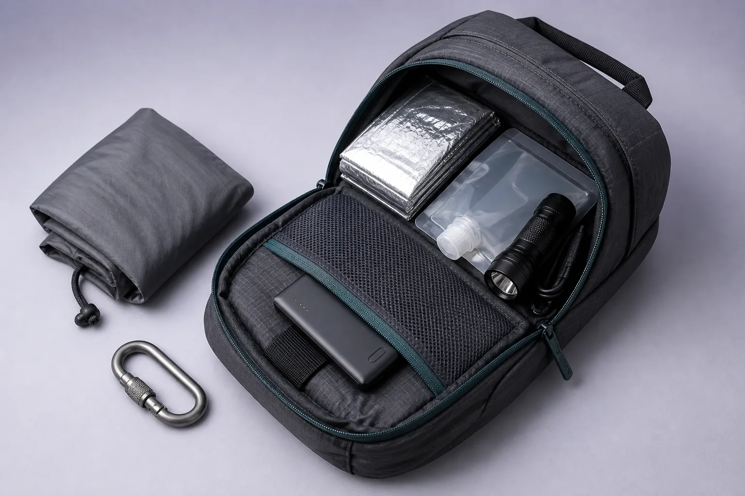 Kit d’urgence compact avec lampe, batterie et matériel essentiel.