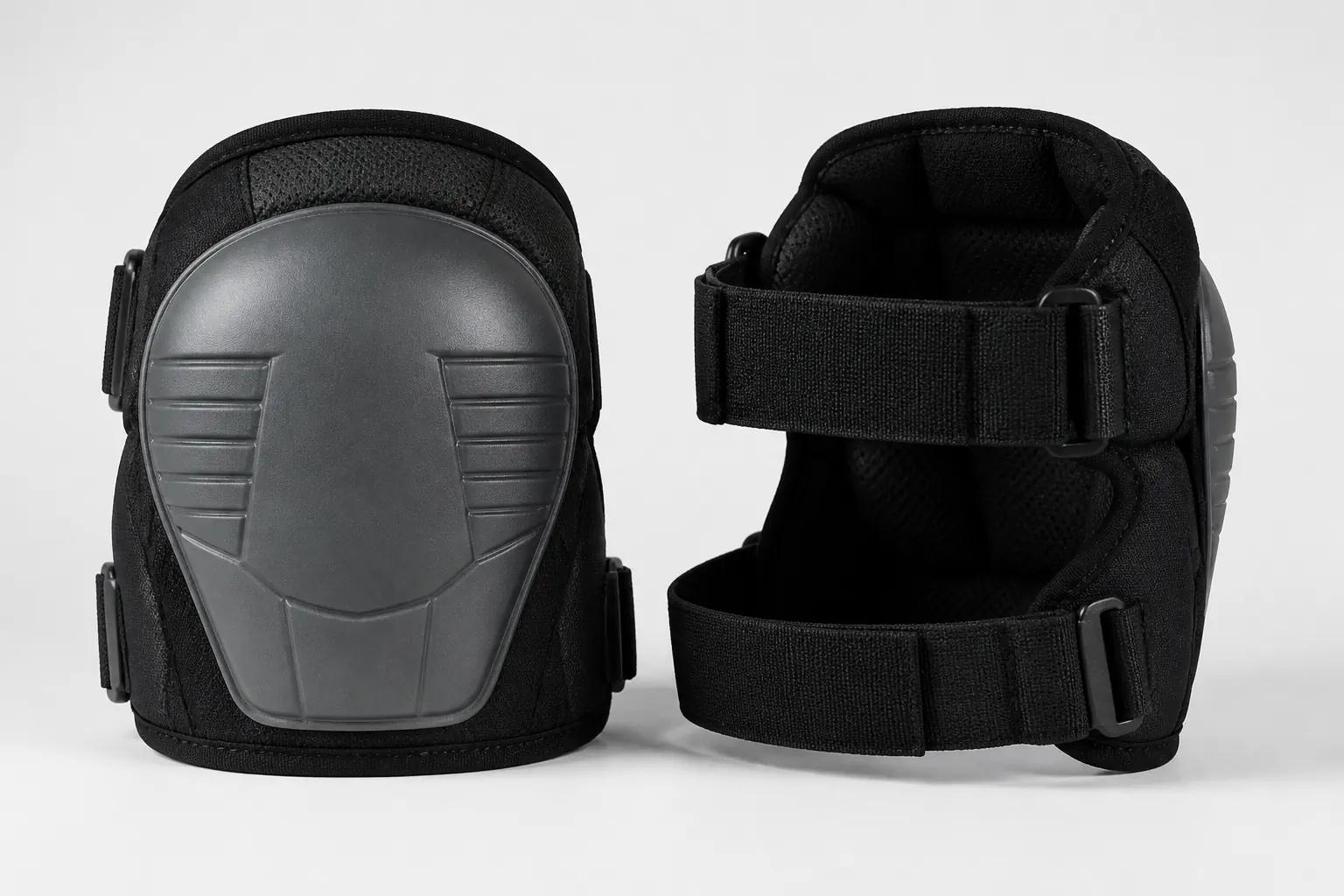 Genouillères professionnelles avec coques, rembourrage et sangles.