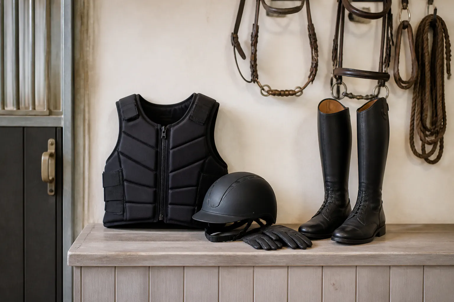 Casque, gilet, gants et bottes de protection pour l’équitation.