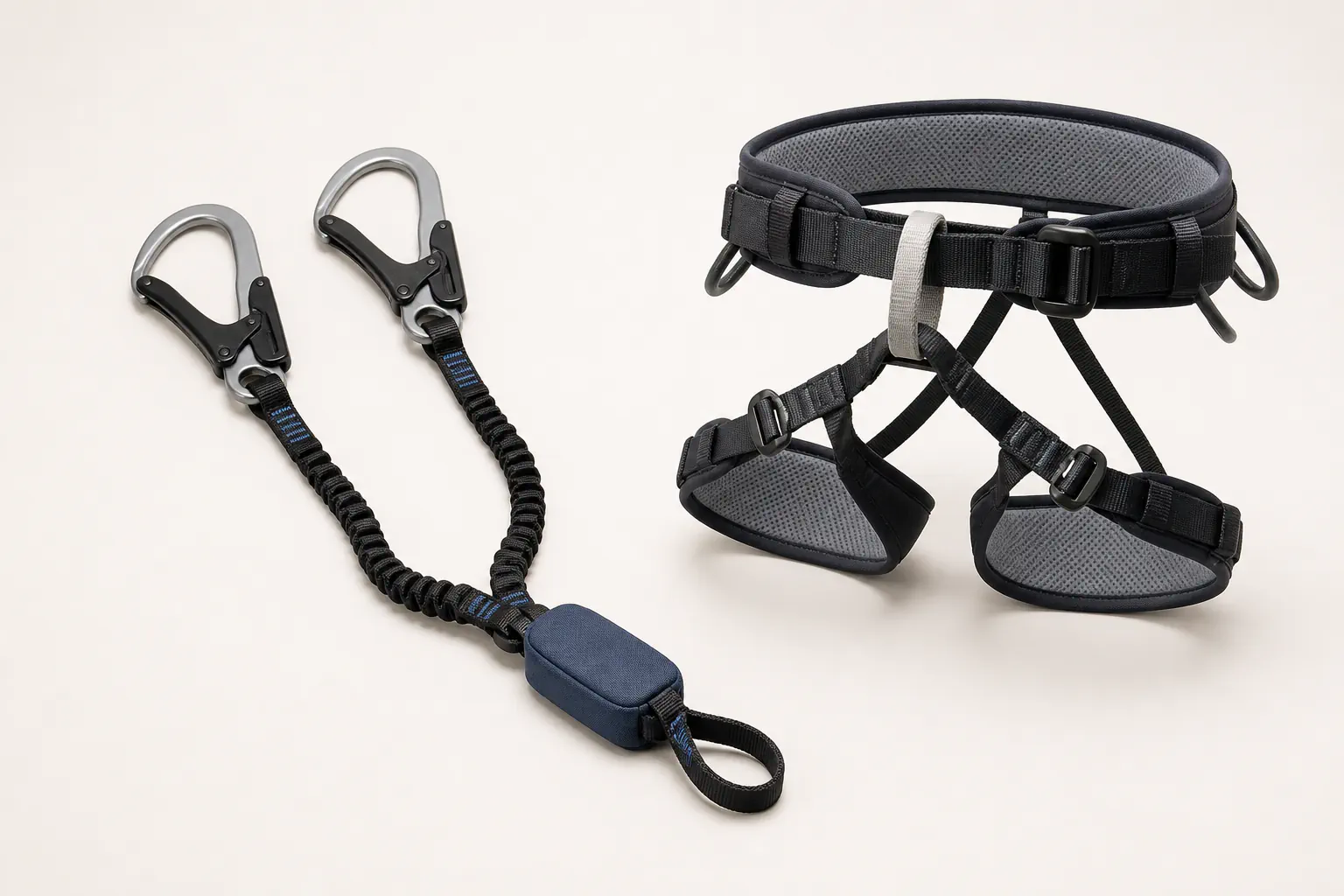 Longe en Y avec absorbeur d’énergie et harnais pour via ferrata.