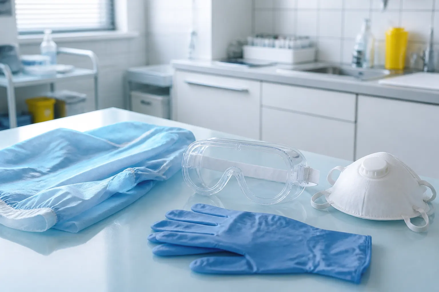 Lunettes étanches, gants, surblouse et masque filtrant préparés dans un espace clinique.