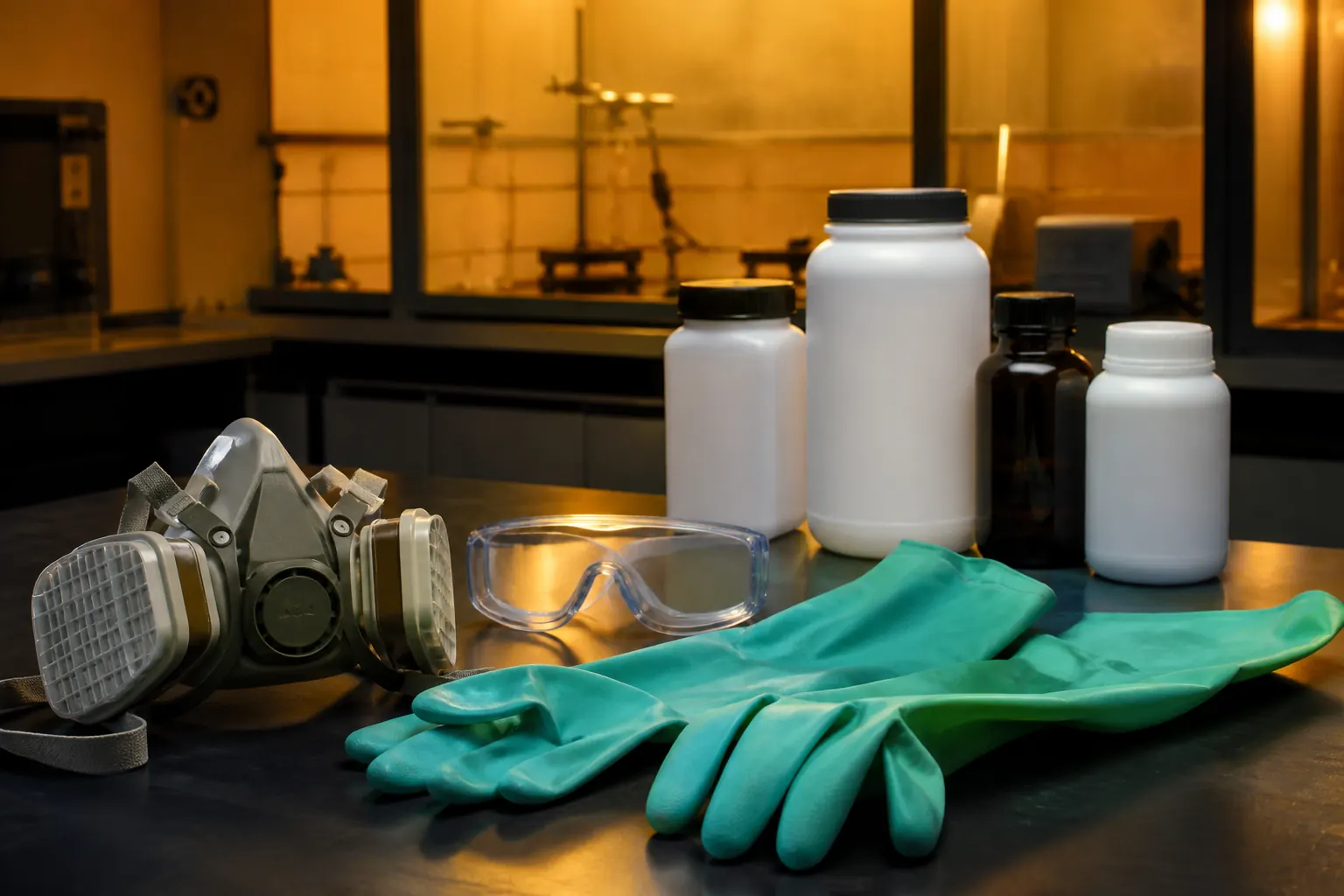 Demi-masque à filtres, lunettes et gants longs disposés sur un établi de laboratoire.