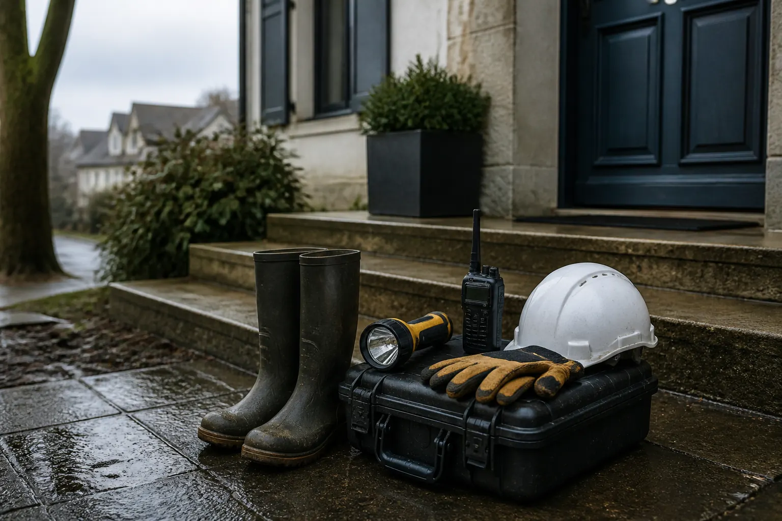 Bottes, radio, lampe, gants et casque préparés après des intempéries.