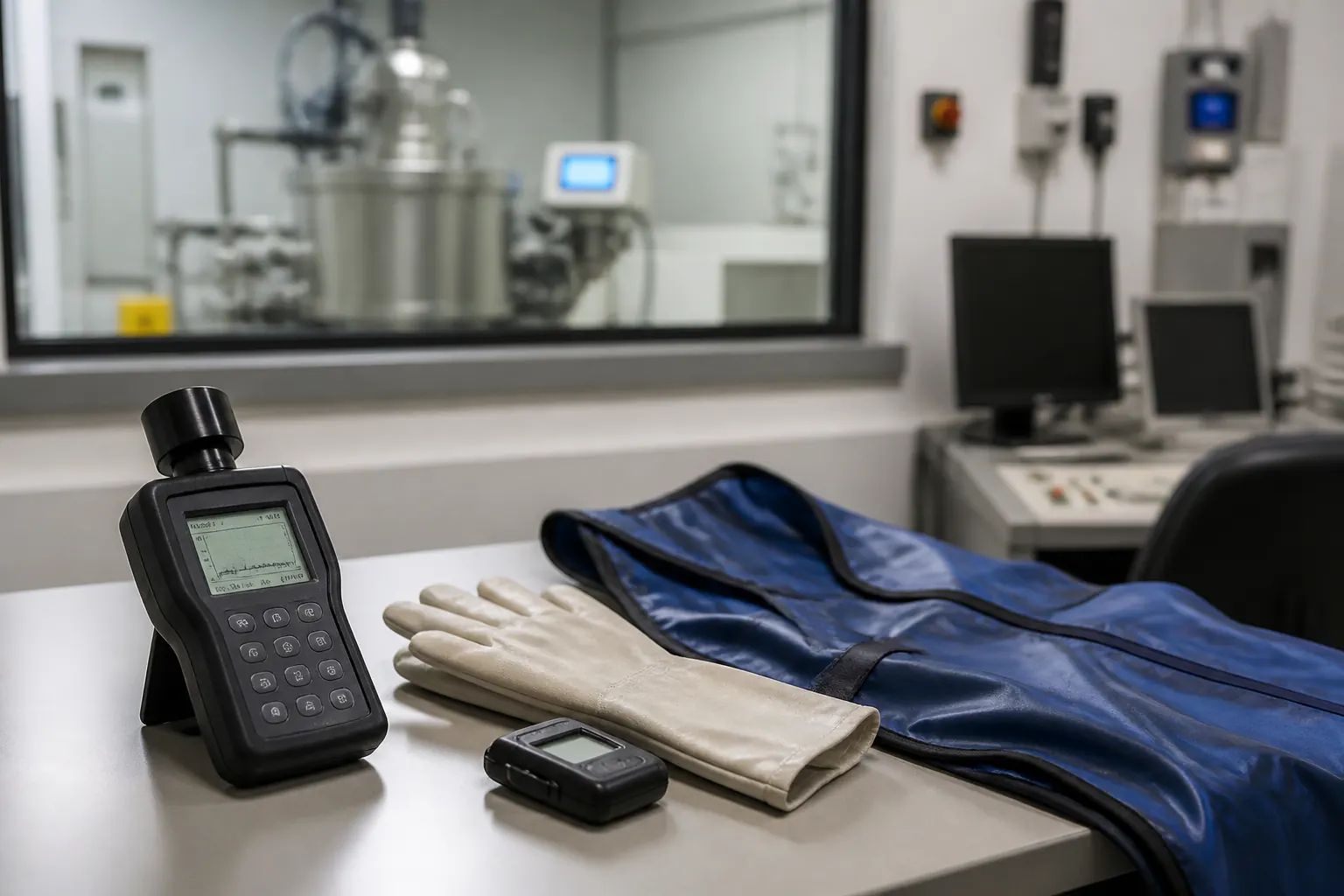 Radiamètre, dosimètre, gants et vêtement de protection préparés dans une salle de contrôle.
