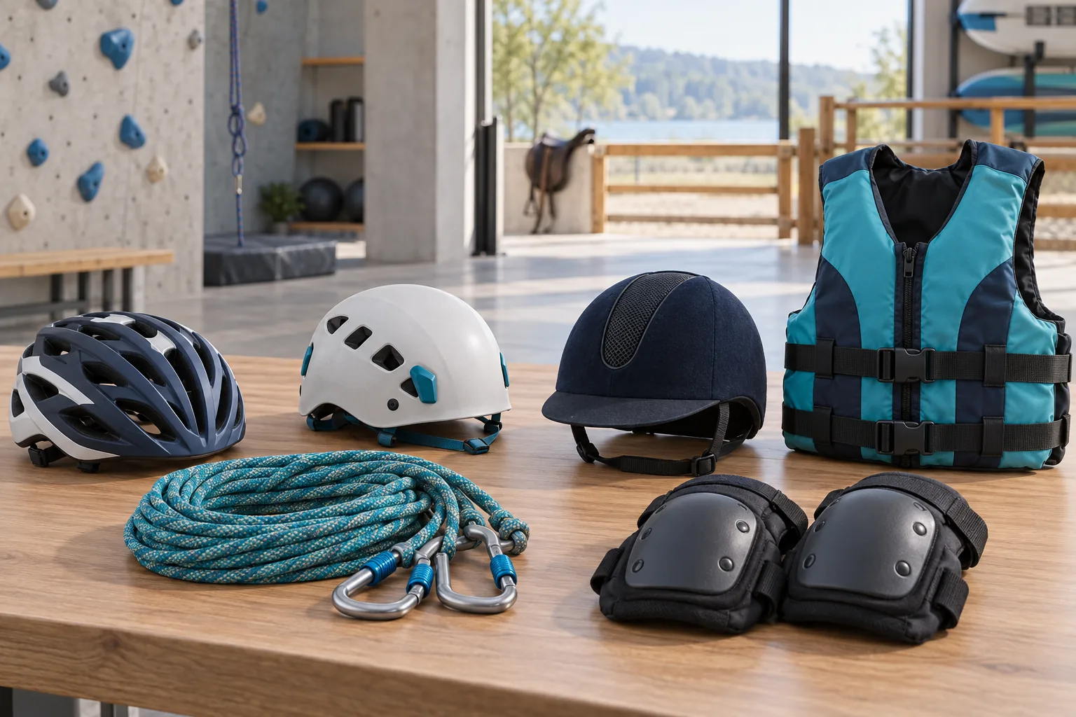 Casques de vélo, d’escalade et d’équitation, gilet de flottabilité, corde et genouillères disposés sur une table.