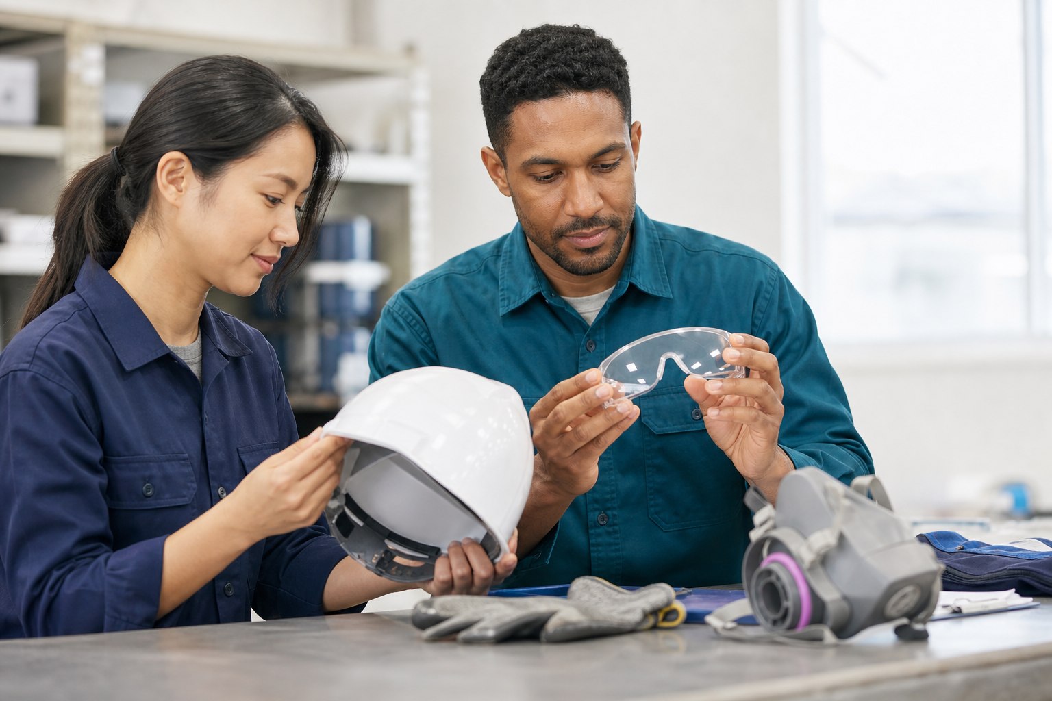 Deux professionnels vérifient un casque et des lunettes de protection avant utilisation