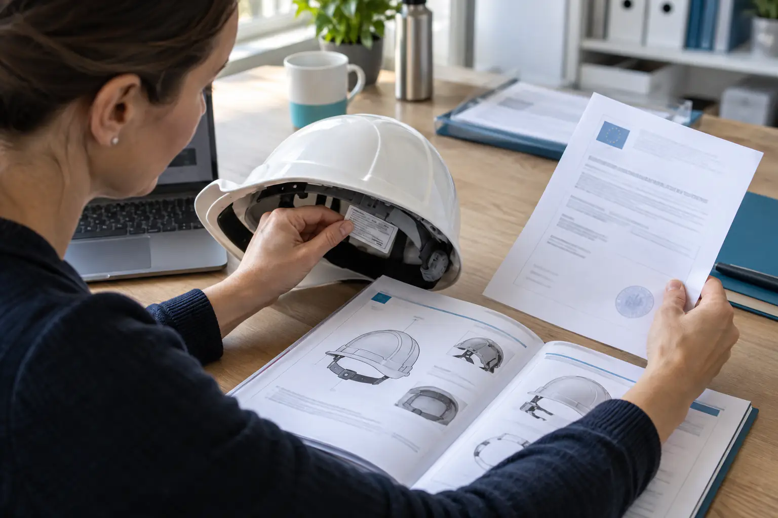 Éditrice comparant l’étiquette d’un casque, sa notice et un justificatif documentaire
