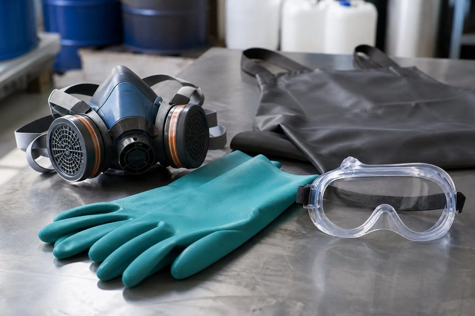 Demi-masque à filtres, lunettes, gants et tablier de protection chimique.
