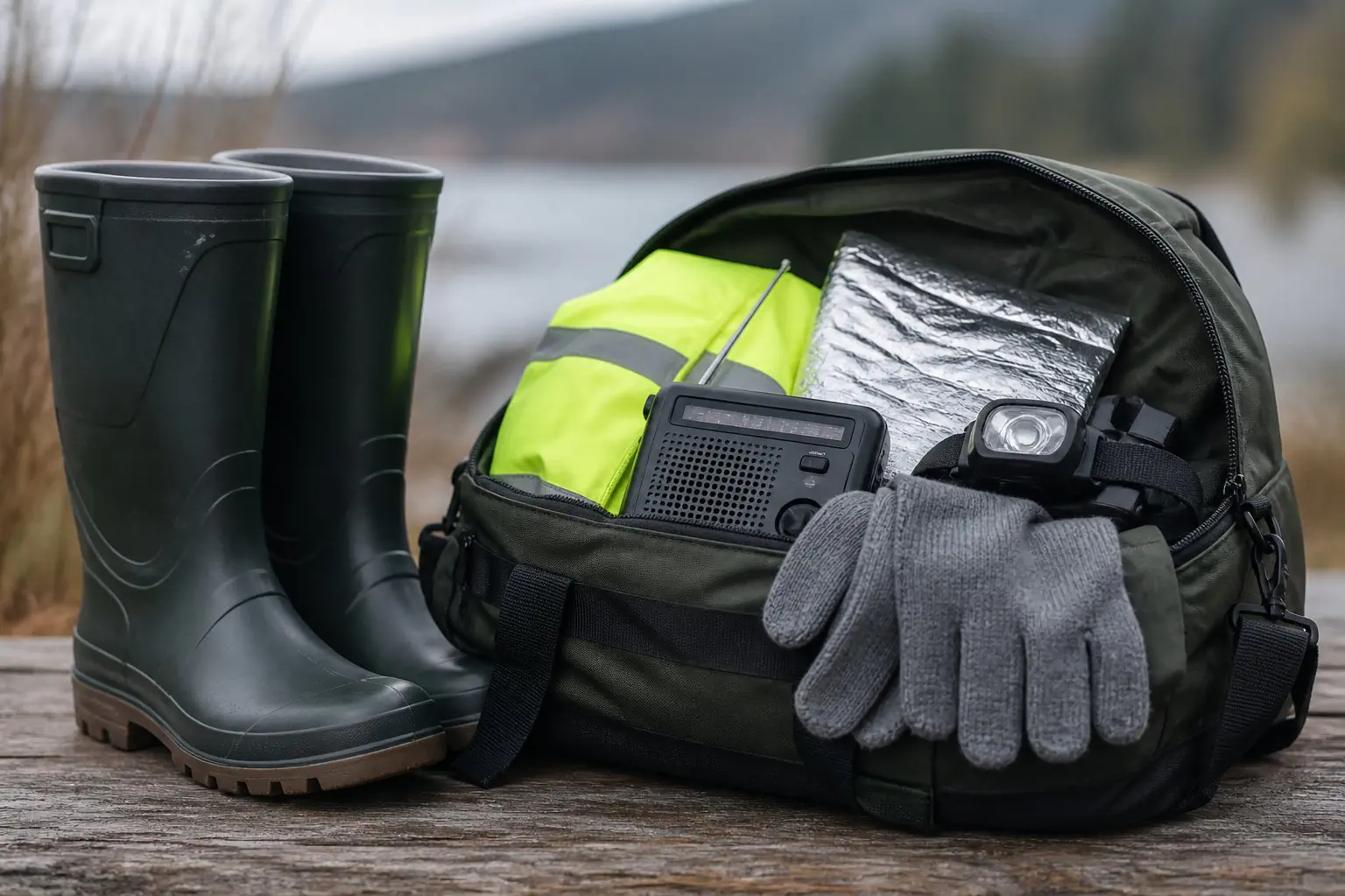 Bottes, radio, lampe et équipements de préparation aux risques naturels.