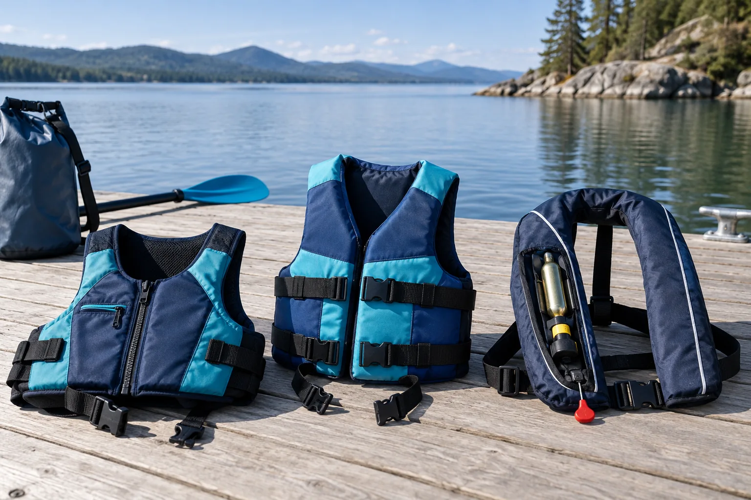 Aide à la flottabilité, gilet de sauvetage en mousse et gilet gonflable présentés côte à côte sur un ponton