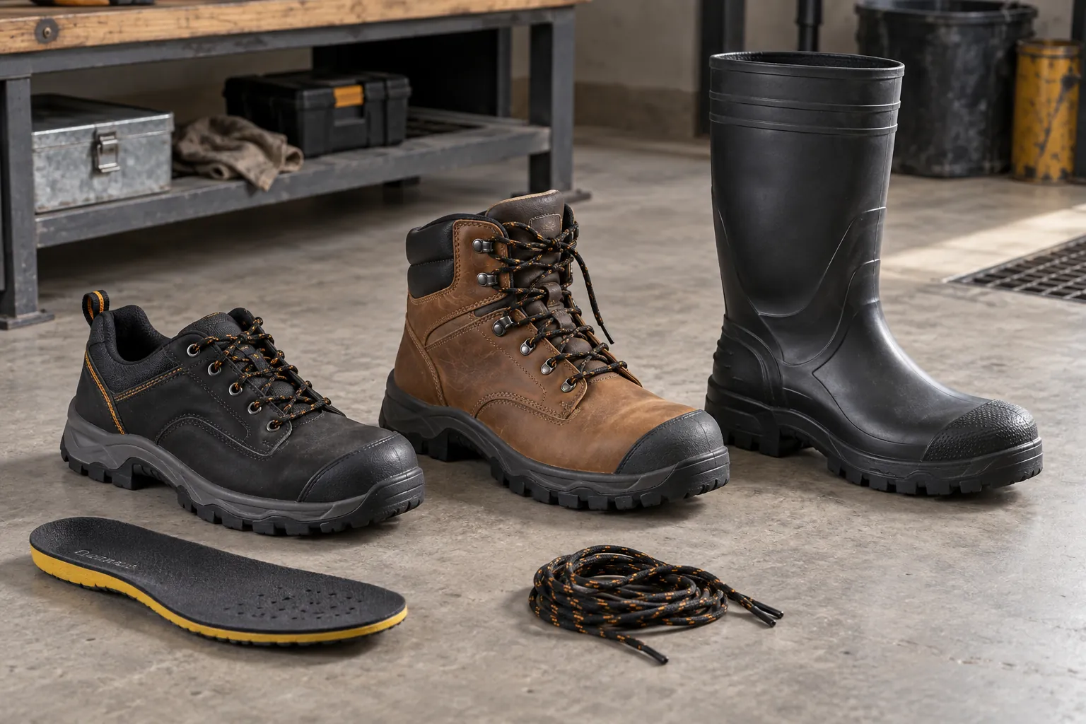 Chaussures basses, montantes et bottes de sécurité présentées dans un environnement professionnel