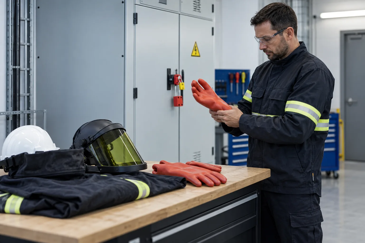 Électricien inspectant des gants isolants devant une armoire consignée avec écran facial et vêtement de protection préparés