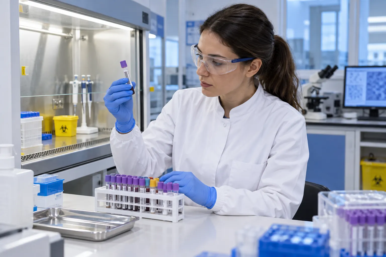 Technicienne de laboratoire en blouse, lunettes et gants examinant des tubes fermés près d’un poste de sécurité microbiologique