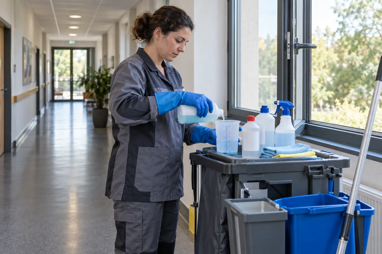 Professionnelle de l’entretien portant des gants et préparant un produit sur un chariot de nettoyage