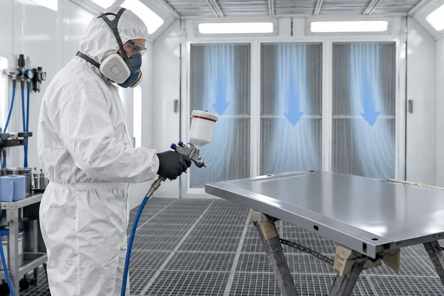 Peintre en combinaison et protection respiratoire dans une cabine de pulvérisation ventilée