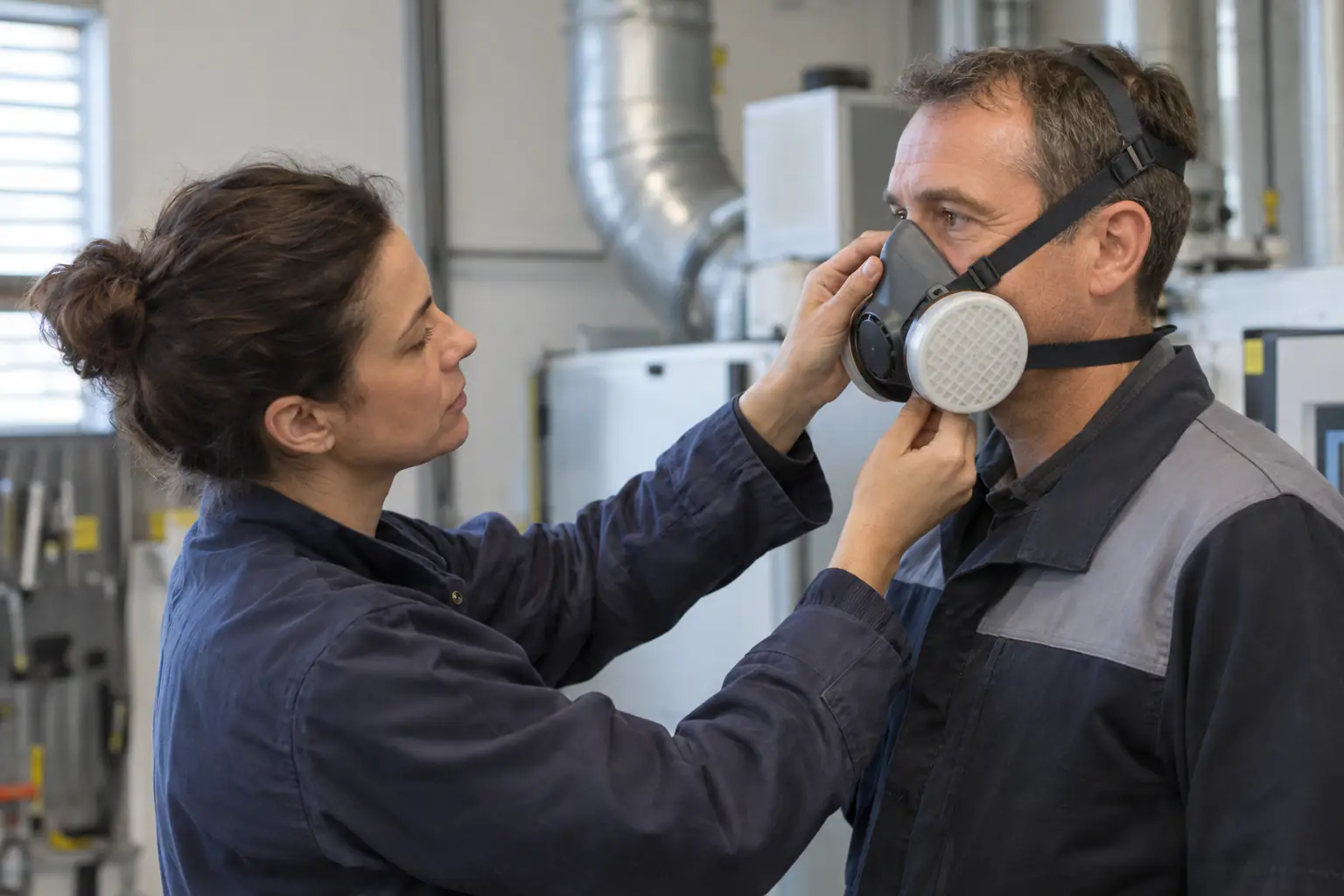 Préventrice vérifiant l’ajustement d’un demi-masque respiratoire sur un opérateur