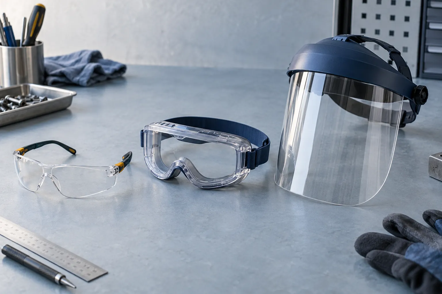 Lunettes de sécurité, lunettes-masques et visière transparentes présentées pour comparaison