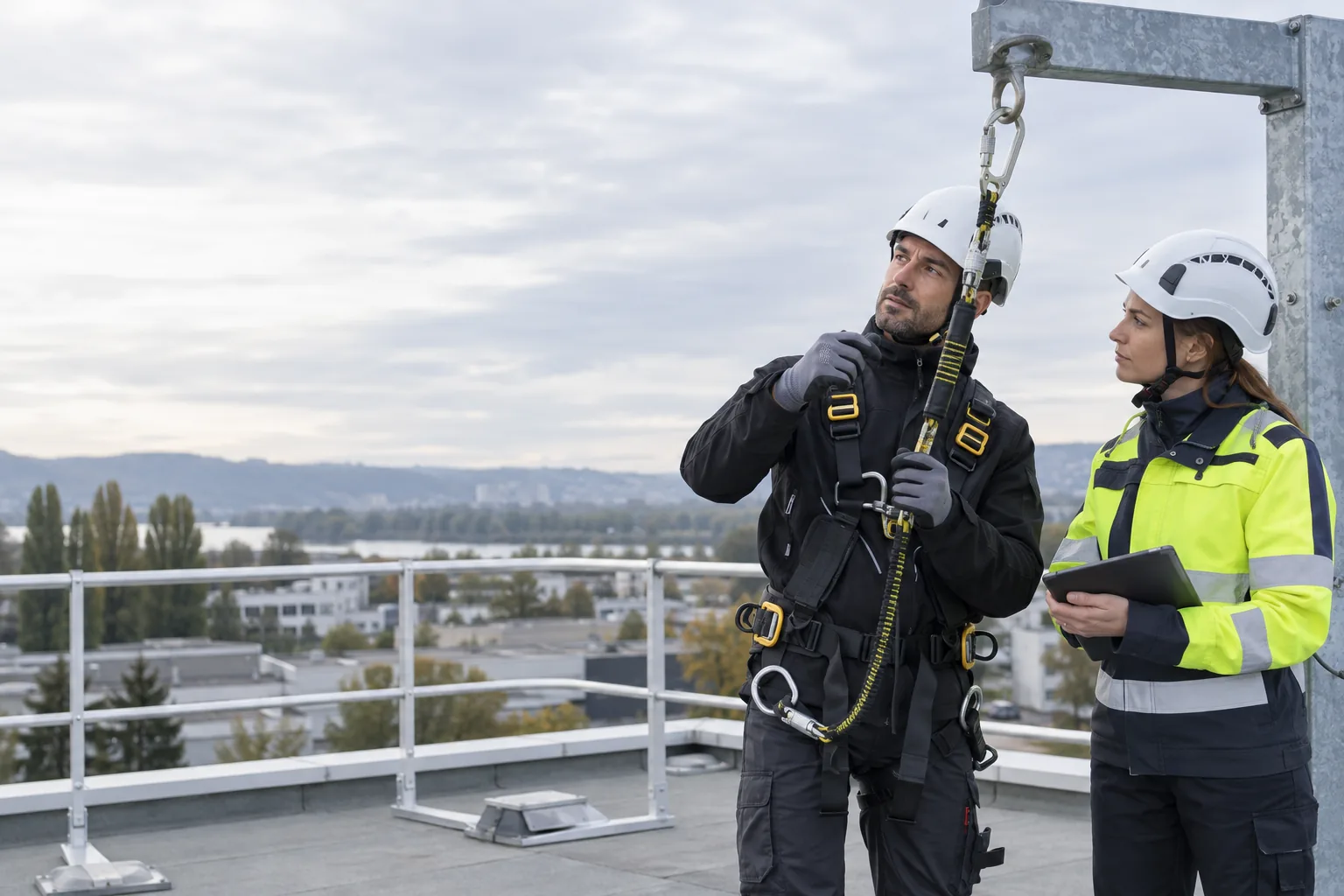 Technicien et préventrice contrôlant une liaison antichute reliée à un ancrage sur une plateforme sécurisée
