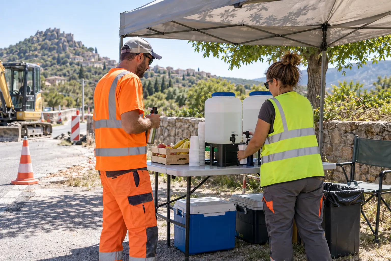 Deux professionnels en tenue haute visibilité à un point d’eau ombragé près d’un chantier en été