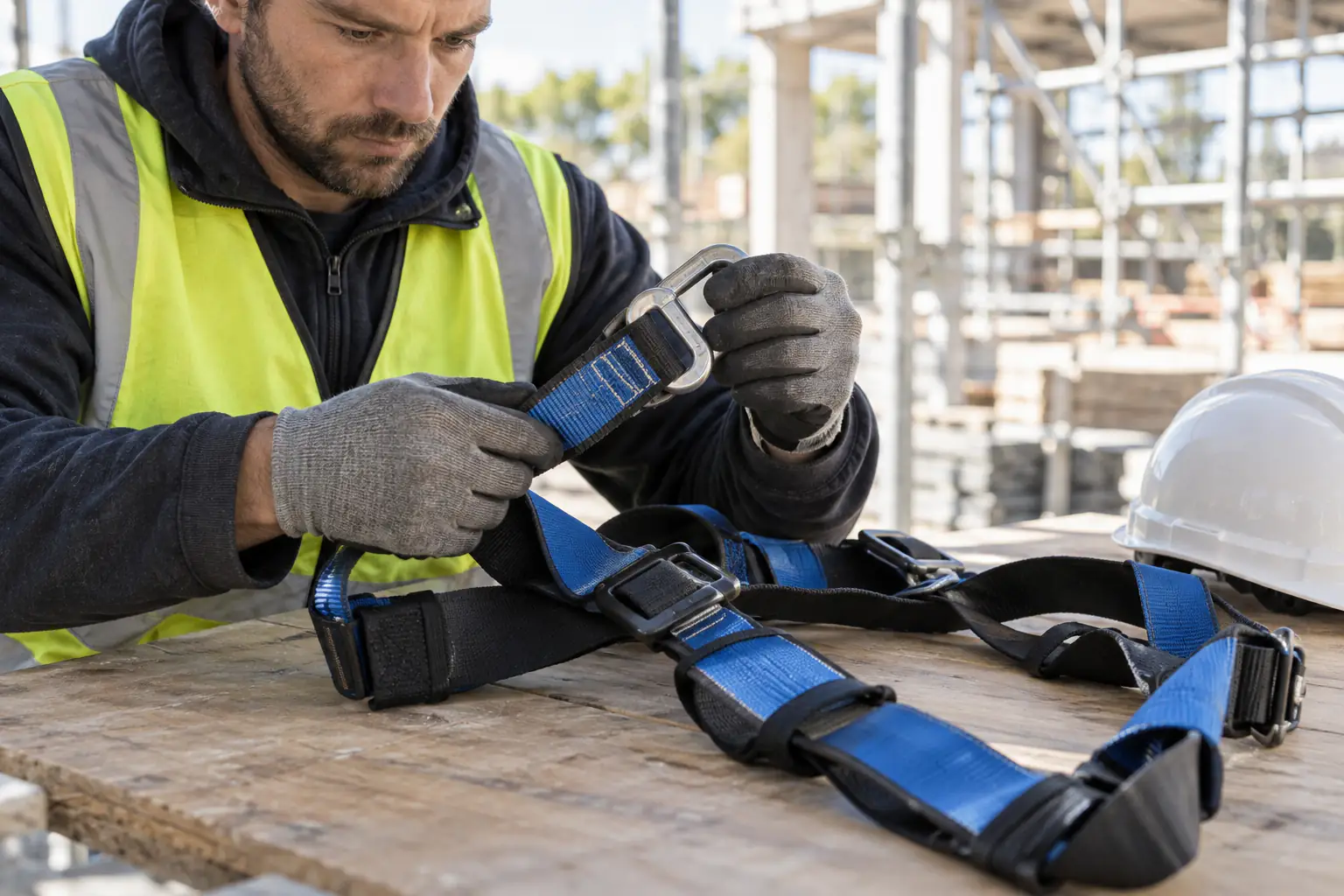 Professionnel inspectant les sangles et le connecteur d’un harnais antichute avant utilisation